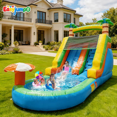WS-001 Inflatable Water Slide Commercial Grade: 21FT(L) Water Bounce House for Adults & Teenagers - Big Pool, Premium PVC, Tropical Style, Wet & Dry, 950W Blower - for Backyard Outdoor Birthday Party