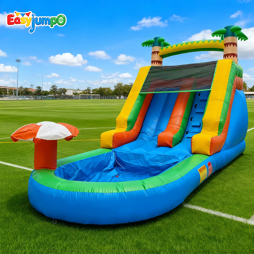 WS-001 Inflatable Water Slide Commercial Grade: 21FT(L) Water Bounce House for Adults & Teenagers - Big Pool, Premium PVC, Tropical Style, Wet & Dry, 950W Blower - for Backyard Outdoor Birthday Party